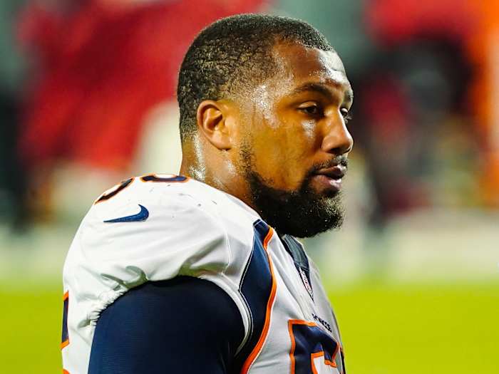 Denver Broncos outside linebacker Bradley Chubb (55) reacts during the second half against the Kansas City Chiefs at Arrowhead Stadium.